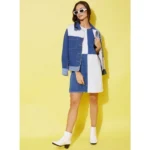 Women's Denim Color Blocking Sleeveless Dress (Blue) - Image 4