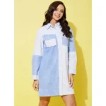 Women's Denim Solid Long Sleeves Dress (Blue) - Image 3