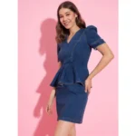 Women's Denim Solid Puff Sleeves Dress (Blue) - Image 4