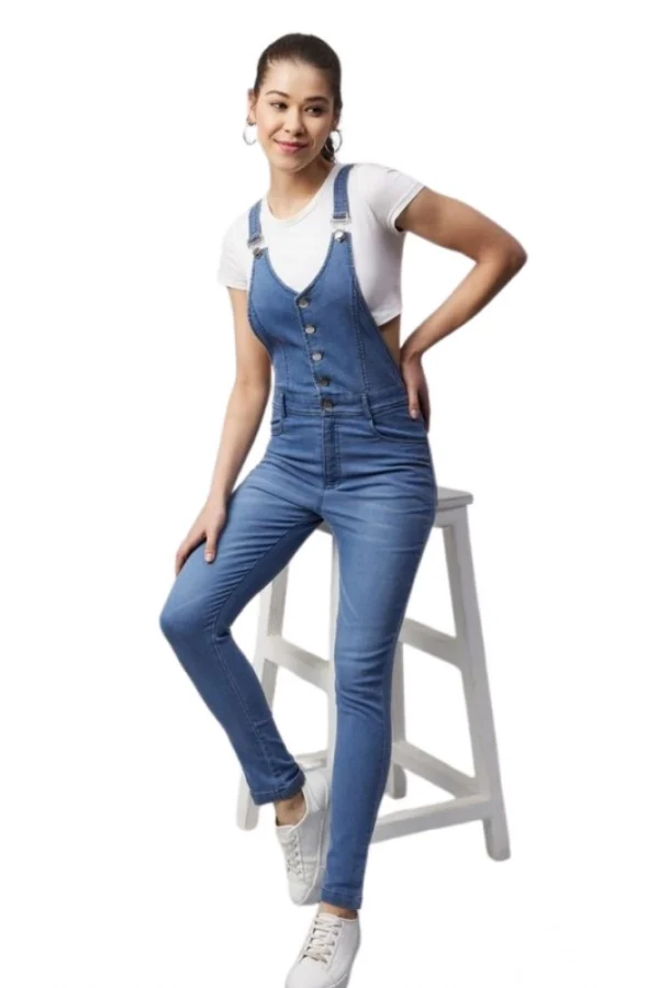 Women's Denim Lycra Solid Buttoned Dungaree (Ice Blue)