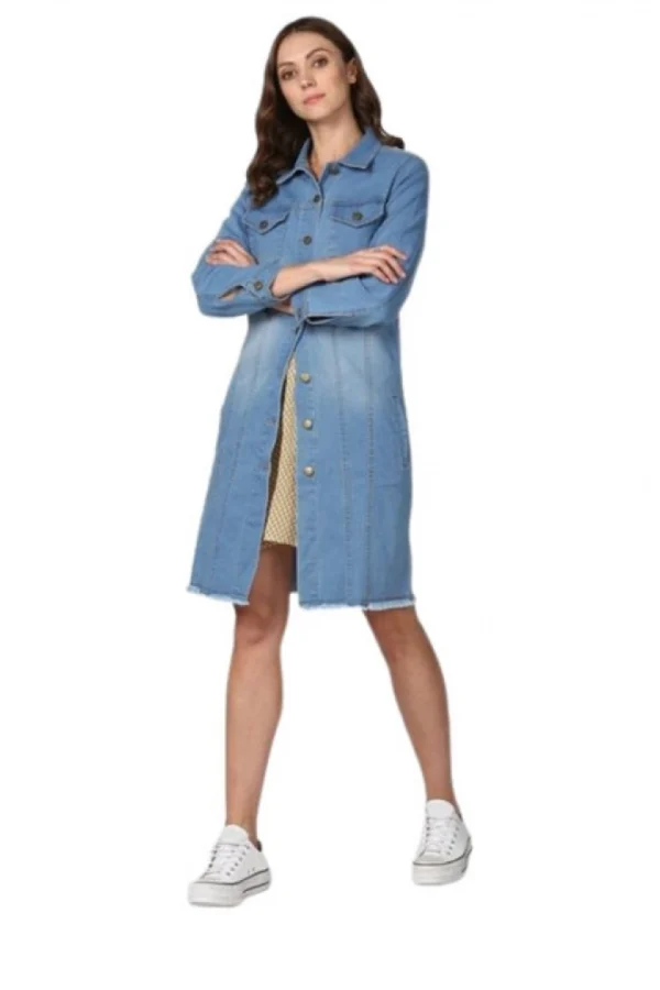 Women's Denim Washed Long Sleeves Jacket (Blue)