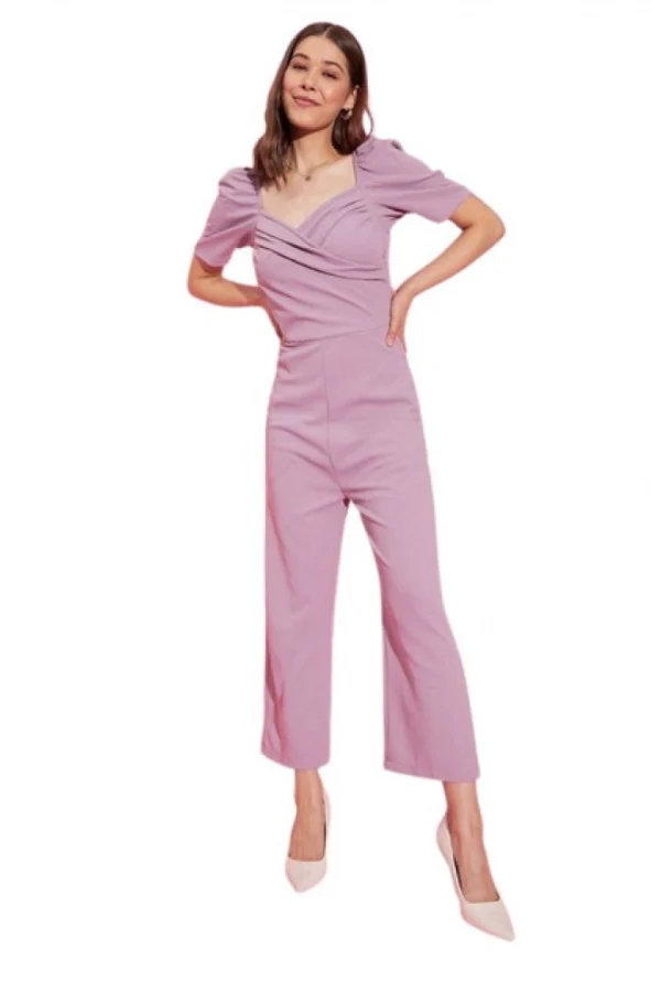 Women's Polyester Lycra Solid Puff Sleeve Jumpsuit (Lavender)