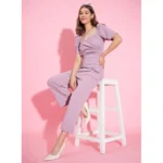Women's Polyester Lycra Solid Puff Sleeve Jumpsuit (Lavender) - Image 5