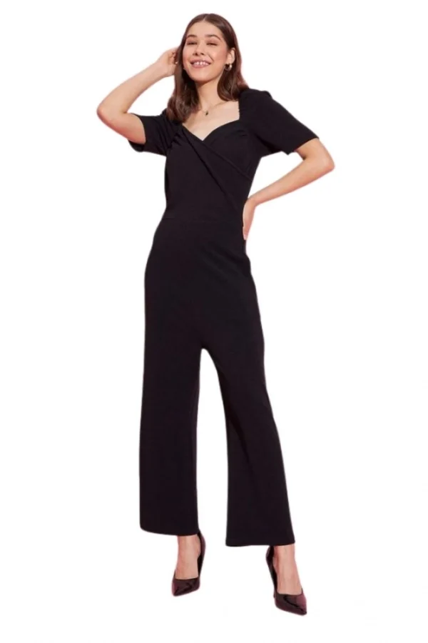 Women's Polyester Lycra Solid Puff Sleeve Jumpsuit (Black)