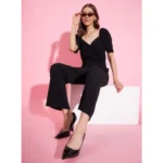 Women's Polyester Lycra Solid Puff Sleeve Jumpsuit (Black) - Image 4