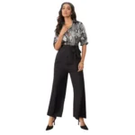 Women's Satin And Polyester Floral Half Sleeves Jumpsuit (Grey - Black)