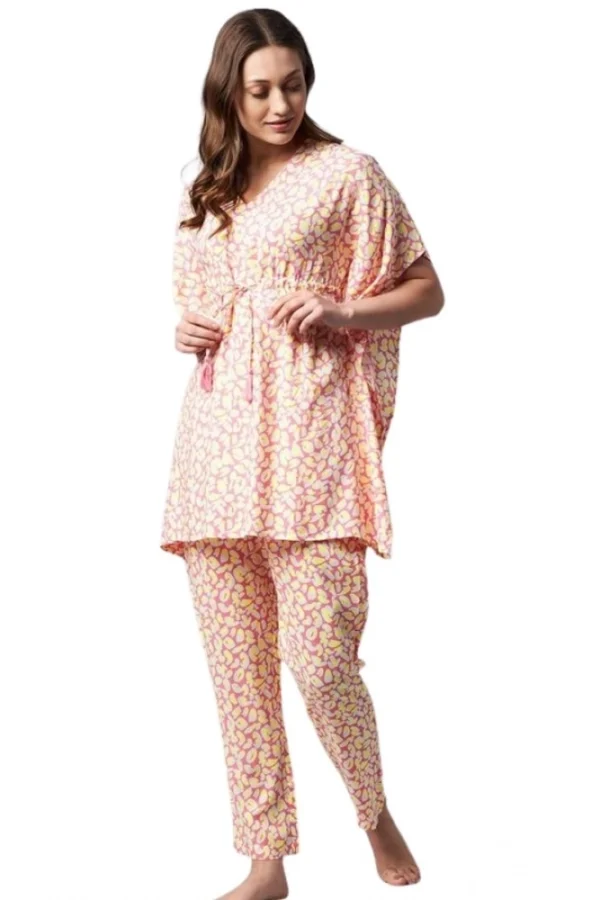 Women's Rayon Tie And Dye Kaftan Sleeve Night Suit (Multicolor)