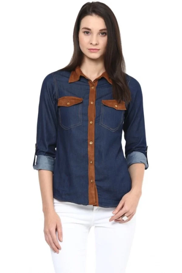 Women's Denim Cotton based Solid Long Sleeves Shirt (Blue)