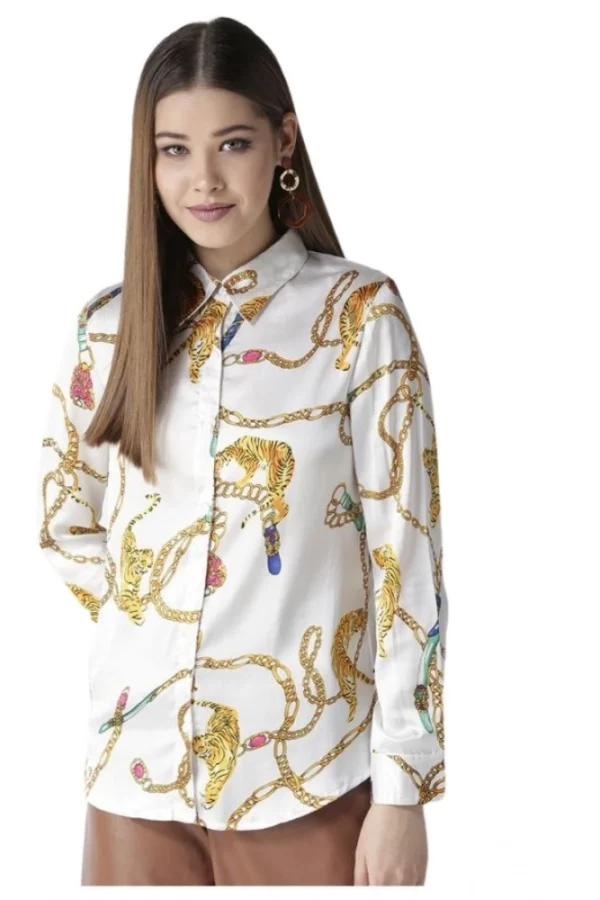 Women's Satin Printed Long Sleeves Shirt (White-Gold)