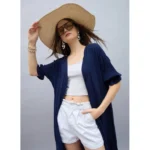Women's Rayon Crepe Lace Inserts 3-4th Sleeve Shrug (Navy) - Image 3