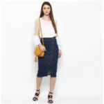 Women's Denim Front Button Buttoned Skirt (Blue) - Image 3