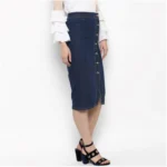 Women's Denim Front Button Buttoned Skirt (Blue) - Image 5
