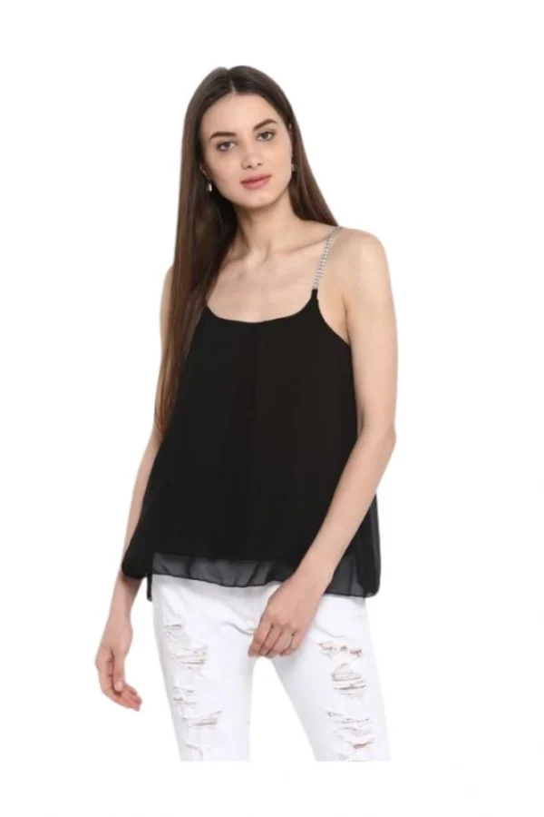 Women's Polyester Embellished Shoulder Straps Top (Black)