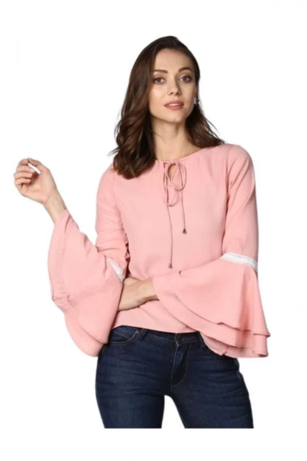 Women's Polyester Solid Bell Sleeve Top (Pink)