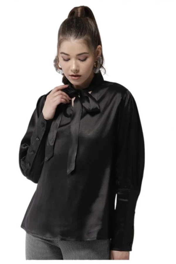 Women's Polyester Solid Long Sleeves Top (Black)