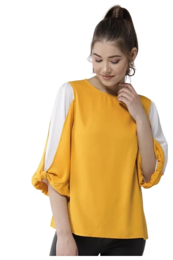 Women's Polyester Colour Block Slit Sleeve Top (Yellow-White)