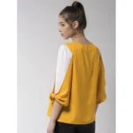 Women's Polyester Colour Block Slit Sleeve Top (Yellow-White) - Image 4