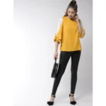 Women's Polyester Colour Block Slit Sleeve Top (Yellow-White) - Image 5