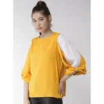 Women's Polyester Colour Block Slit Sleeve Top (Yellow-White) - Image 2