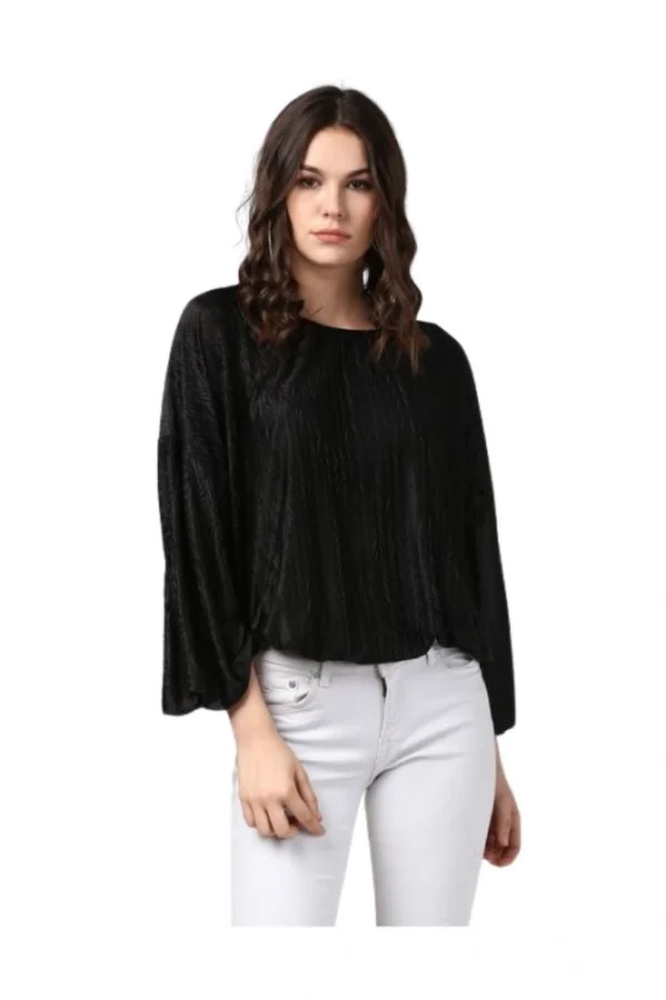 Women's Polyester Pleated Balloon Sleeve Top (Black)