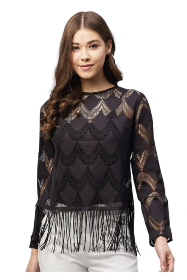 Women's Lace Self Design Short Sleeve Top (Black)