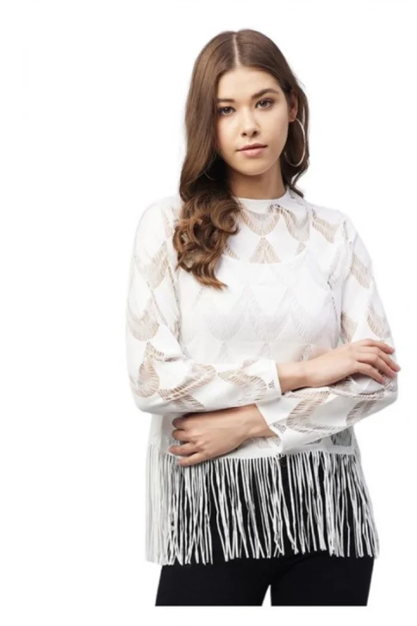 Women's Lace Self Design Short Sleeve Top (White)
