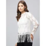 Women's Lace Self Design Short Sleeve Top (White) - Image 4