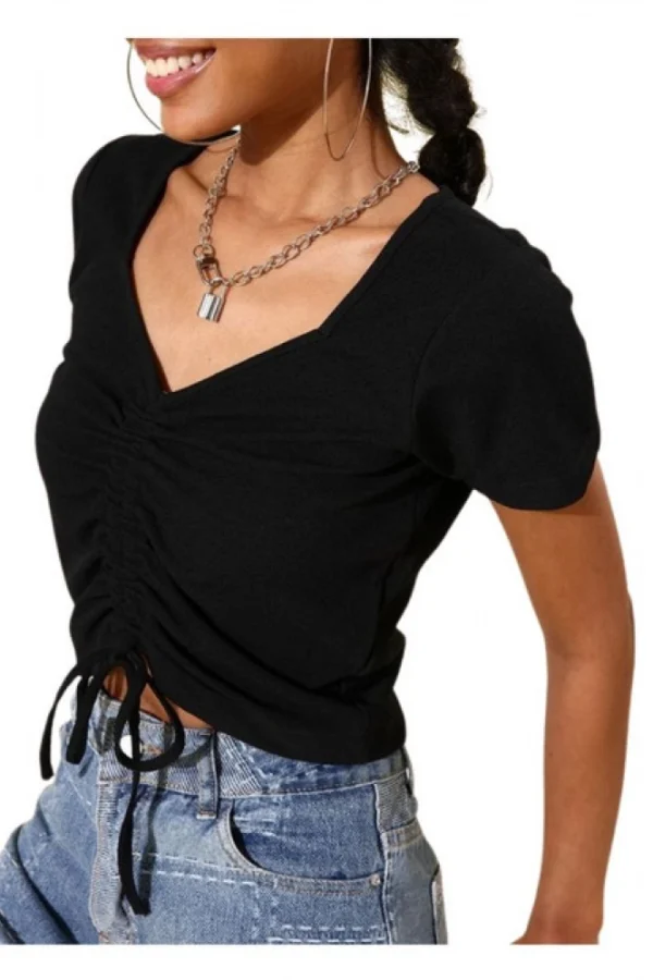 Women's Polyester Lycra Solid Short Sleeve Top (Black)