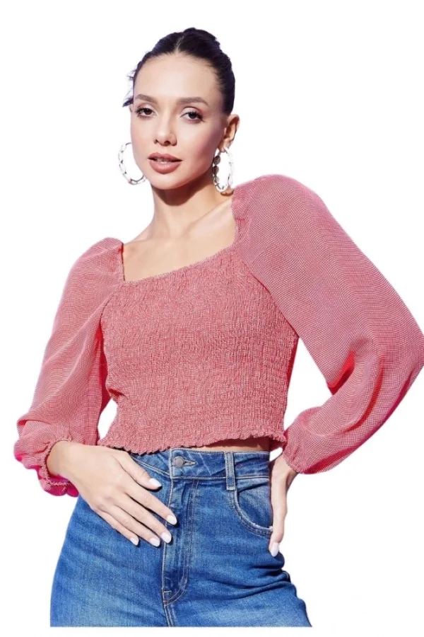 Women's Polyester Floral Long Sleeves Top (Red)