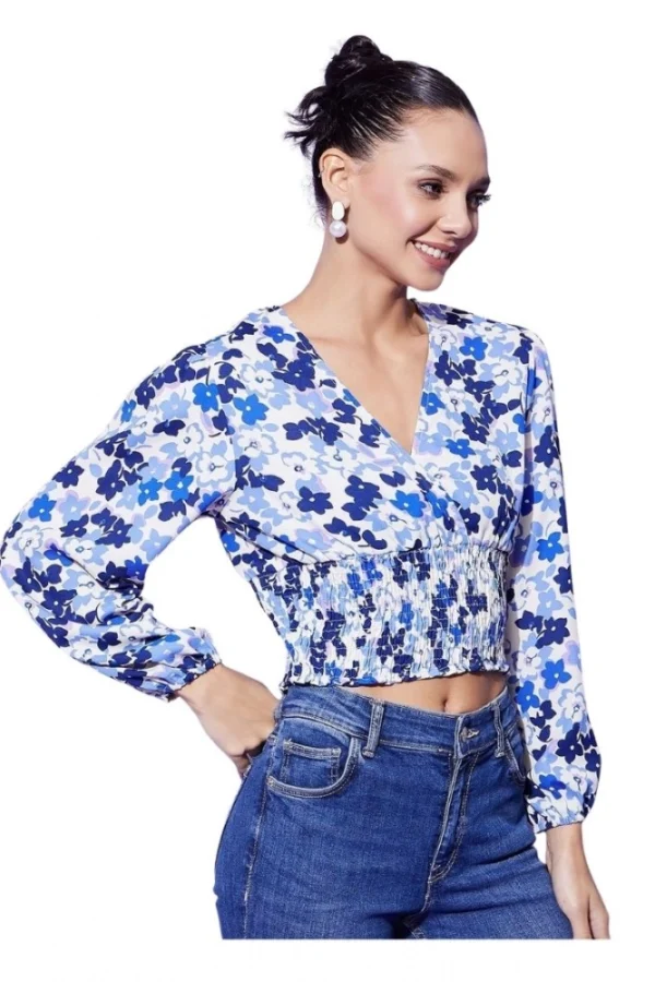 Women's Polyester Floral Long Sleeves Top (Blue)