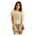 Women's Polyester Lace Self Design Short Sleeve Top (Yellow)