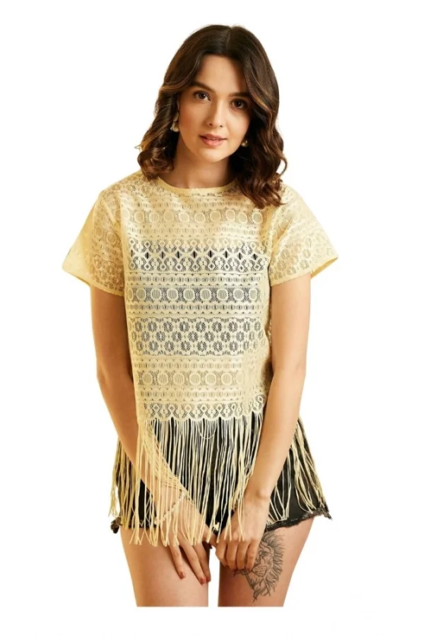 Women's Polyester Lace Self Design Short Sleeve Top (Yellow)