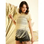 Women's Polyester Lace Self Design Short Sleeve Top (Yellow) - Image 3
