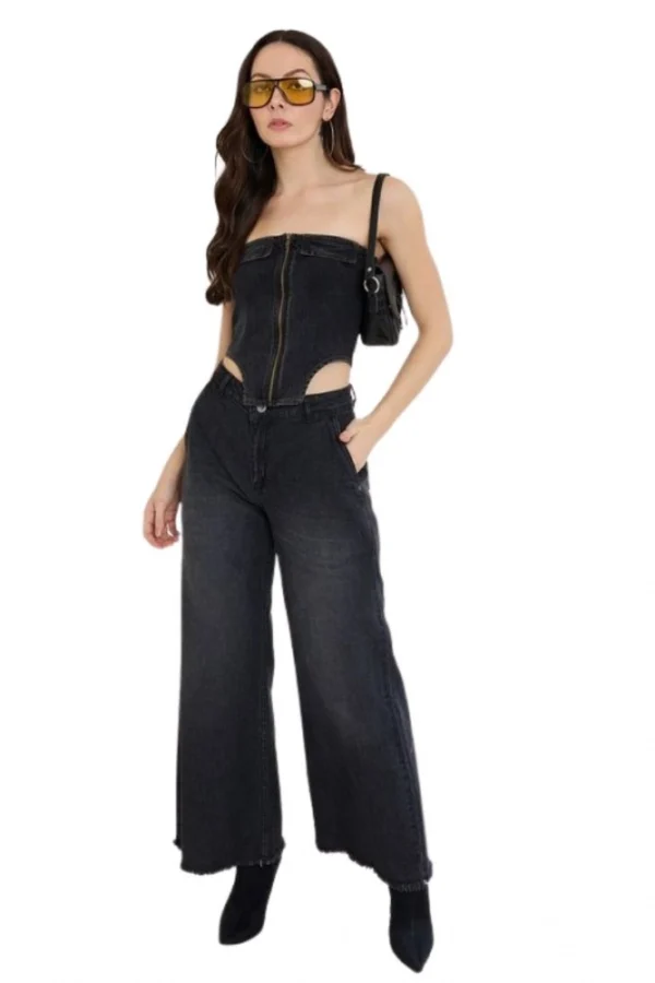 Women's Denim Lycra Solid Sleeveless Top (Black)