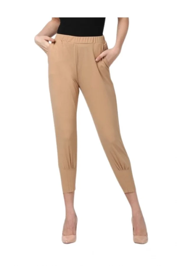 Women's Polyester Solid Elasticated Trousers (Beige)