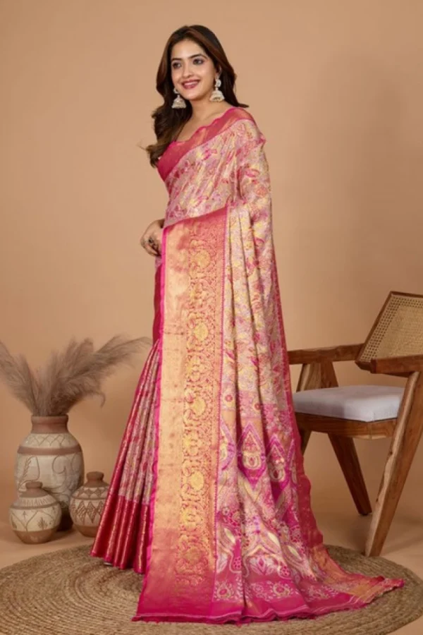 Women's Jacquard Saree With Unstitched Blouse 5.5Mtr (Pink)