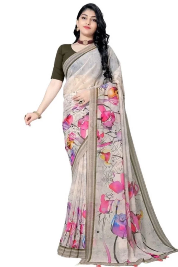 Women's Georgette Floral Printed Saree With Unstitched Blouse 5.5Mtr (Beige)
