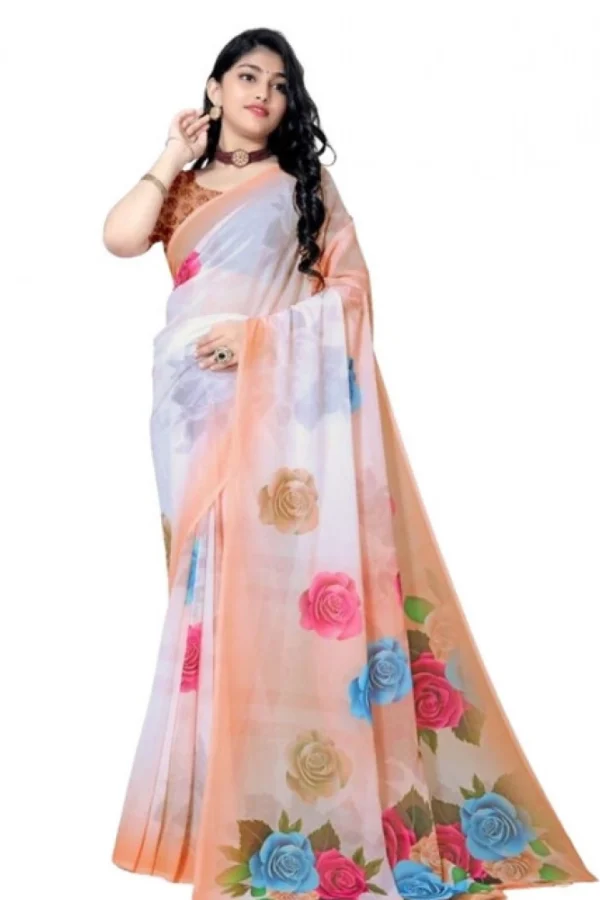 Women's Georgette Floral Printed Saree With Unstitched Blouse 5.5Mtr (Orange)