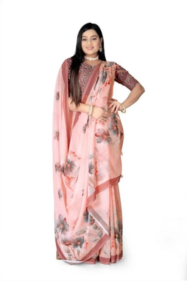 Women's Georgette Floral Printed Saree With Unstitched Blouse 5.5Mtr (Peach)