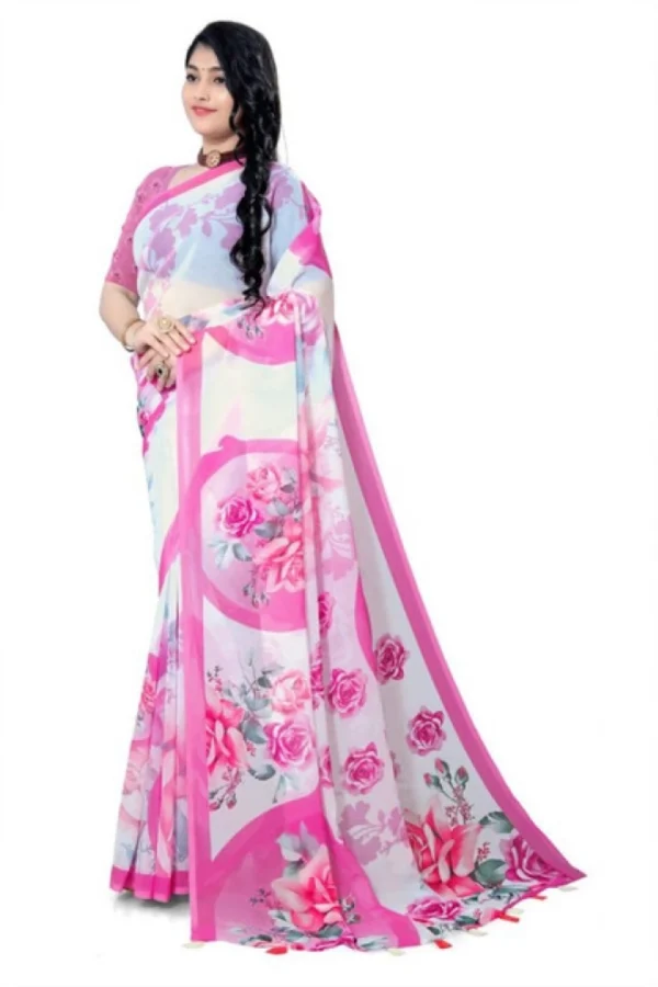 Women's Georgette Floral Printed Saree With Unstitched Blouse 5.5Mtr (Pink)