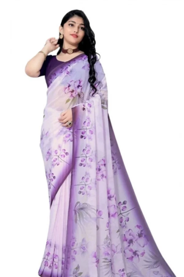 Women's Georgette Floral Printed Saree With Unstitched Blouse 5.5Mtr (Purple)