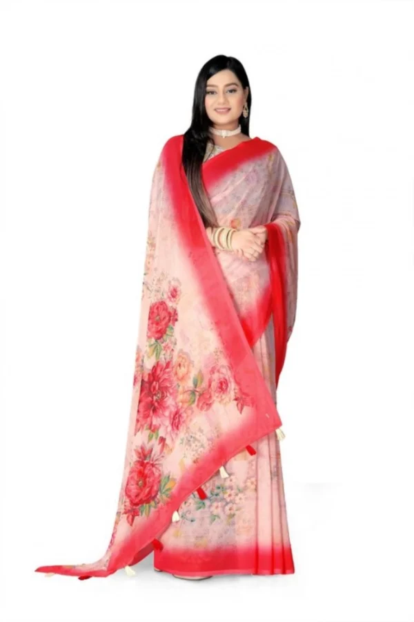 Women's Georgette Floral Printed Saree With Unstitched Blouse 5.5Mtr (Red)