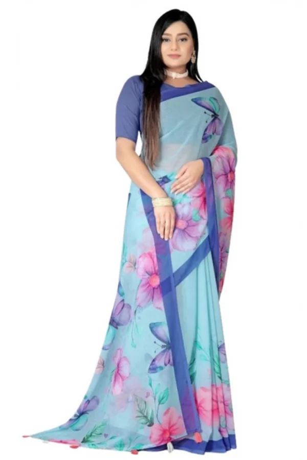 Women's Georgette Floral Printed Saree With Unstitched Blouse 5.5Mtr (Blue)