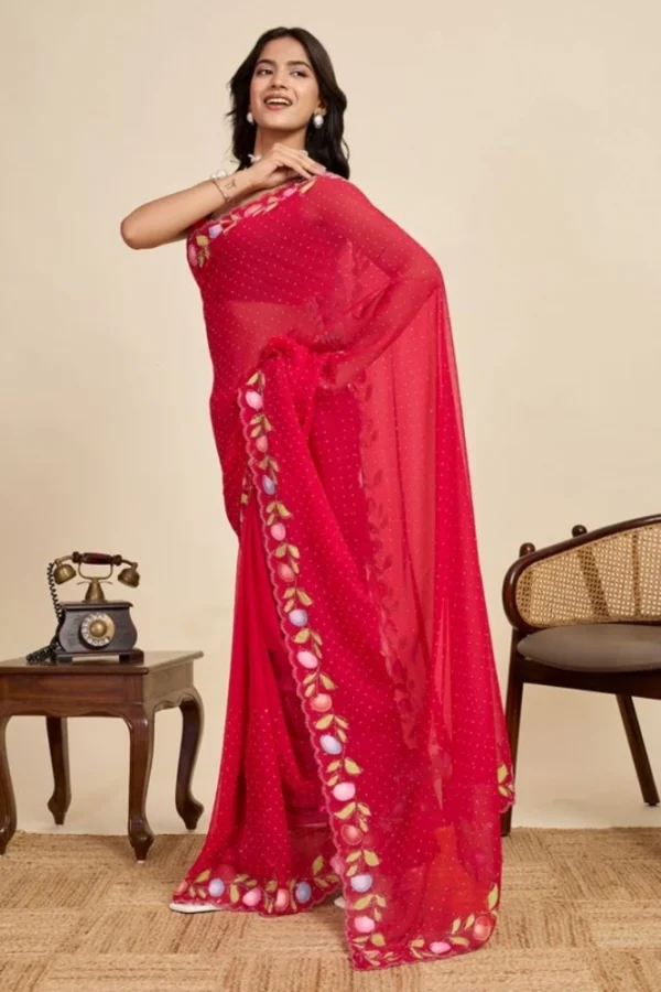 Women's Georgette Printed Saree With Unstitched Blouse 5.5Mtr (Red)