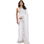 Women's Georgette Printed Saree With Unstitched Blouse 5.5Mtr (White) - Image 4