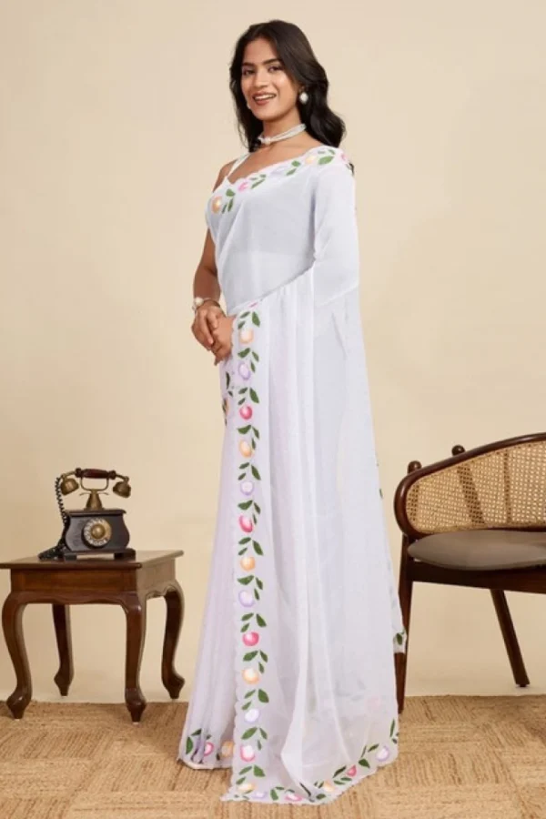 Women's Georgette Printed Saree With Unstitched Blouse 5.5Mtr (White)