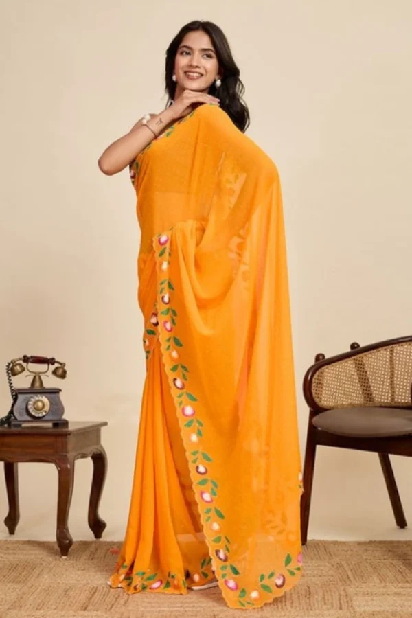 Women's Georgette Printed Saree With Unstitched Blouse 5.5Mtr (Yellow)