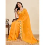 Women's Georgette Printed Saree With Unstitched Blouse 5.5Mtr (Yellow) - Image 2