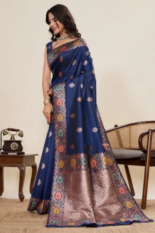 Women's Faux_Banarasi_Silk Woven Saree With Unstitched Blouse 5.5Mtr (Navy_Blue)