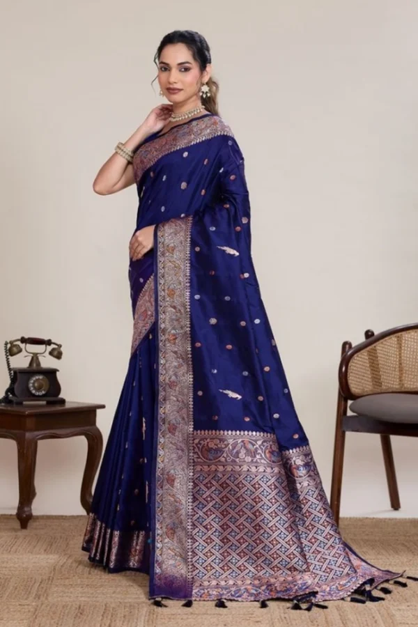 Women's Jacquard Woven Saree With Unstitched Blouse 5.5Mtr (Navy)